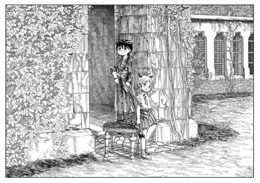 2girls, akita's_sister_(akitaland_gothic), akita_(akitaland_gothic), akitaland_gothic, axe, border, braid, brick_wall