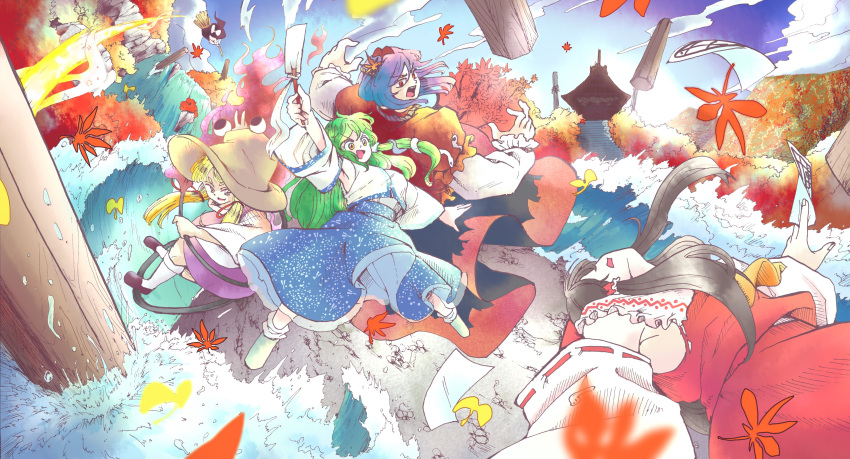 absurdres, autumn_leaves, clouds, gohei, hakurei_reimu, highres, kirisame_marisa, kochiya_sanae