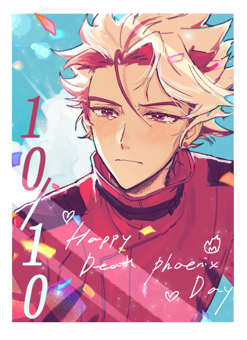 1boy, 40wls, blue_background, blue_sky, border, clouds, cloudy_sky, crying, crying_with_eyes_open, dated, happy_birthday, highres, jacket, joe_(show_by_rock!!), long_sleeves, looking_at_viewer, male_focus, multicolored_hair, red_eyes, red_jacket, redhead, short_hair, show_by_rock!!, sky, solo, tears, white_border, white_hair