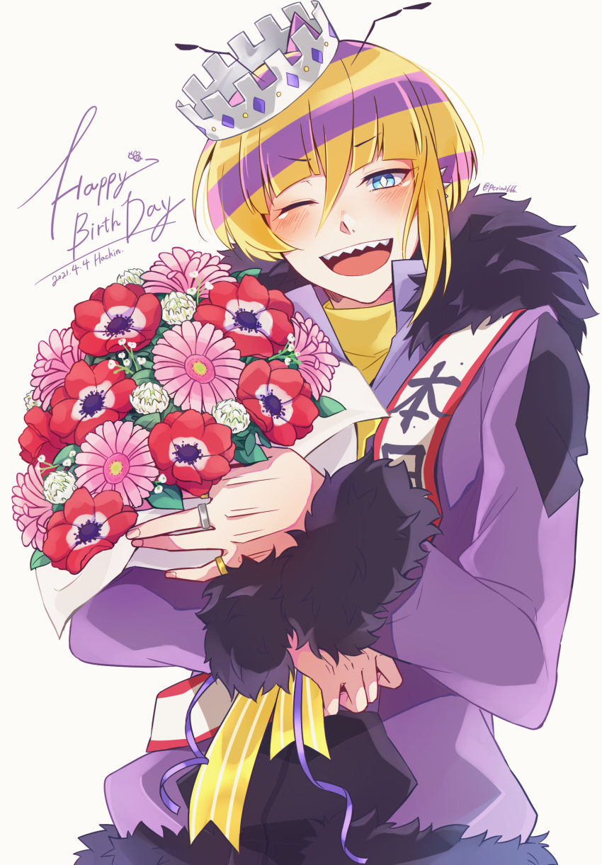 1boy, akasuzu3641, blue_eyes, blush, bouquet, flower, hachin_(show_by_rock!!), highres