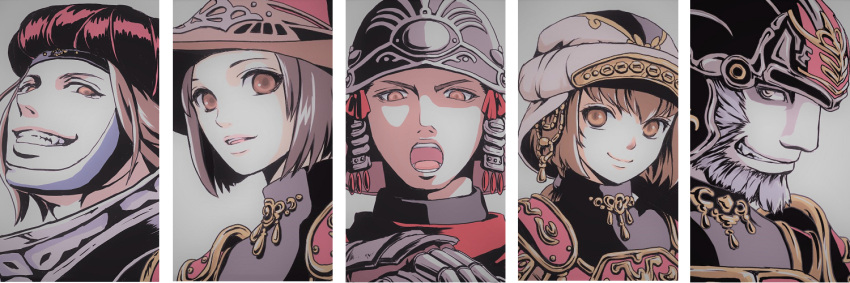 2girls, 3boys, armor, beard, brown_eyes, brown_hair, closed_mouth, elf