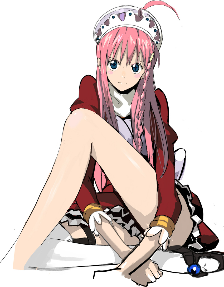 ahoge, angry, blue_eyes, blush, braid, crossed_legs, diebuster, frown