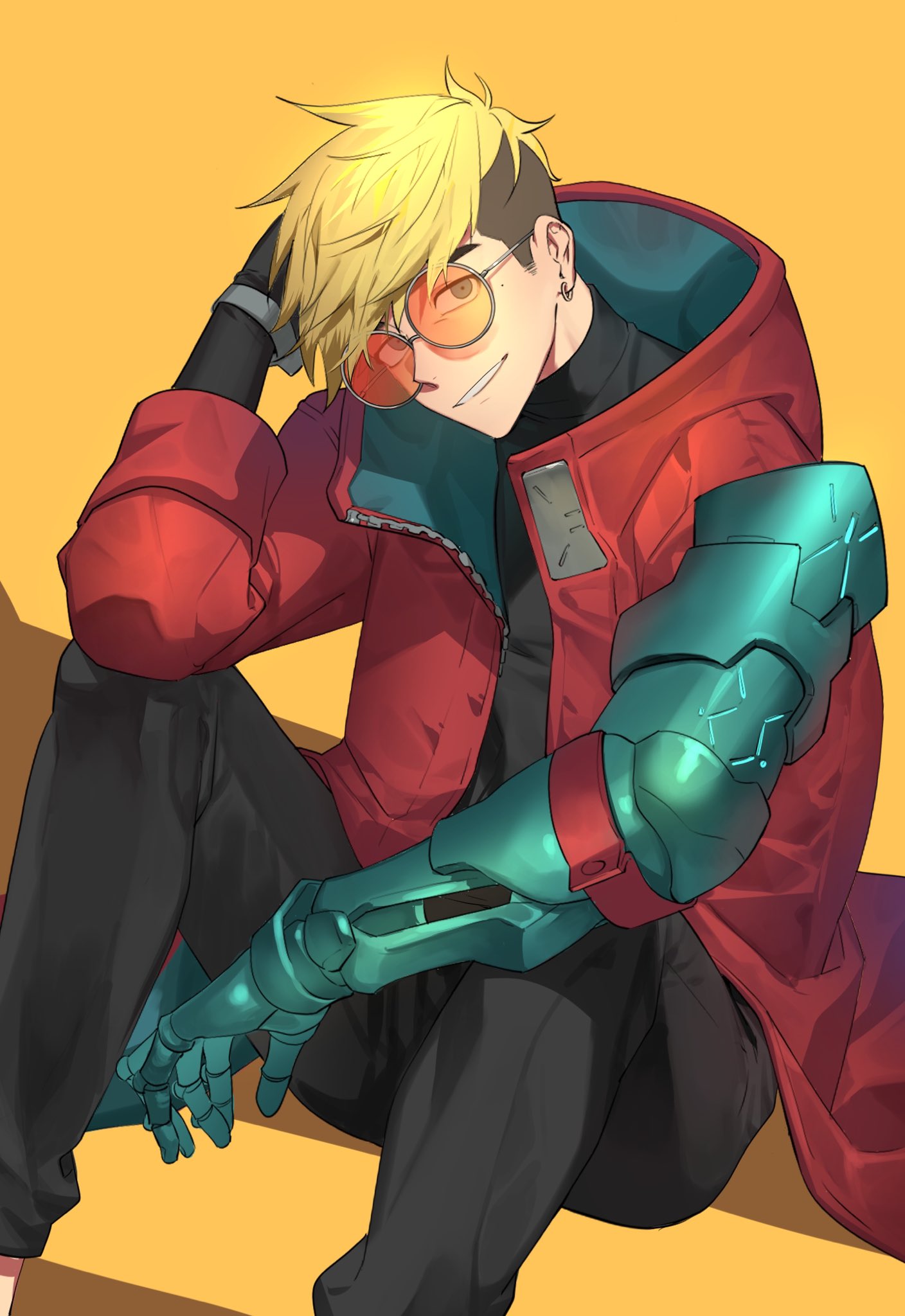 1boy, black_pants, blonde_hair, coat, earrings, gaeha_is, highres, jewelry