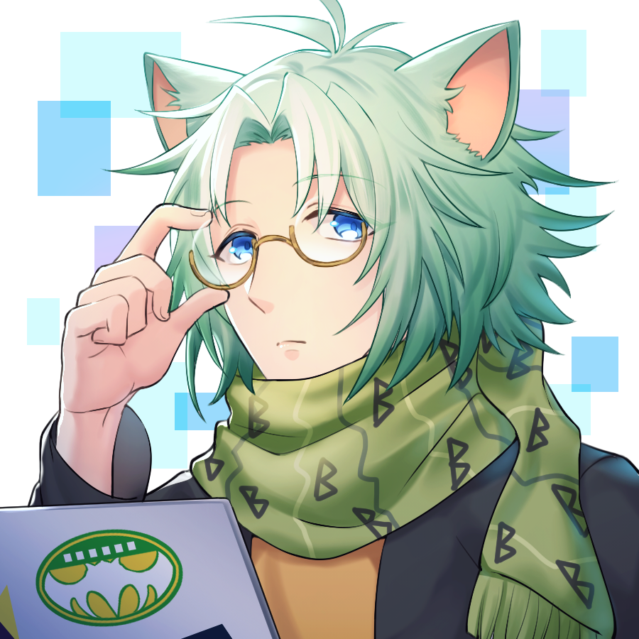 1boy, animal_ears, black_jacket, blue_background, blue_eyes, glasses, green_hair, green_scarf