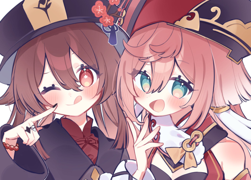 2girls, :d, ;), ;q, antlers, ayase_(user_ytjw3843), bangs, bead_bracelet
