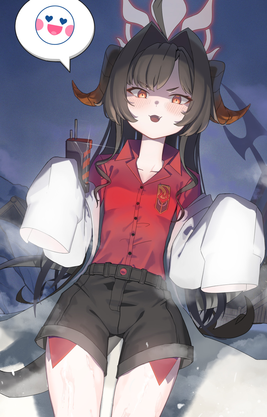 1girl, :3, :d, absurdres, bangs, belt, black_hair, black_shorts