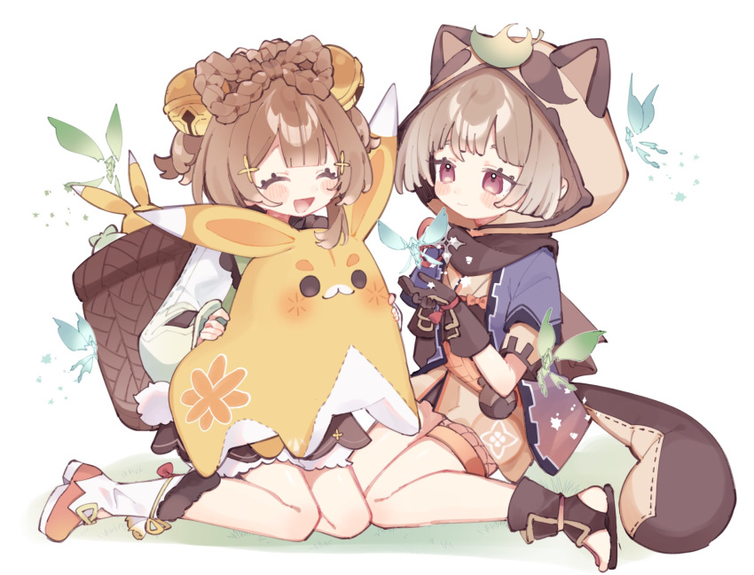2girls, :d, ^_^, animal_ears, arm_guards, ayase_(user_ytjw3843), bangs, basket