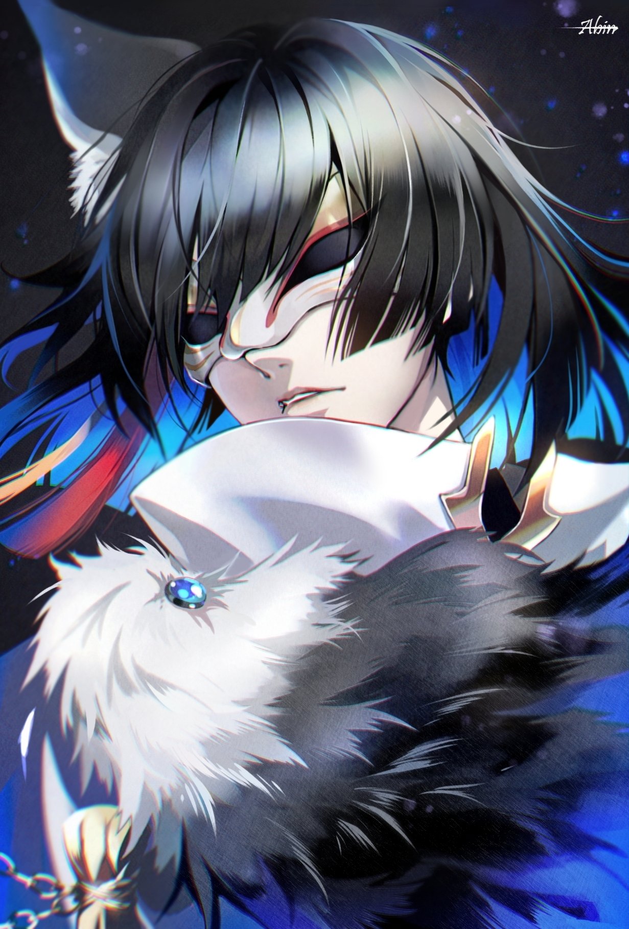 1boy, abin_(cardinalhyuga_s), animal_ears, artist_name, bangs, black_background, black_fur, black_hair, blue_gemstone, blue_hair, blurry, character_request, colored_inner_hair, depth_of_field, eye_mask, floating_hair, fox_ears, fox_mask, gem, hair_ornament, highres, light_particles, male_focus, mask, multicolored_hair, parted_lips, portrait, short_hair, single_animal_ear, solo, tassel, touken_ranbu, white_fur
