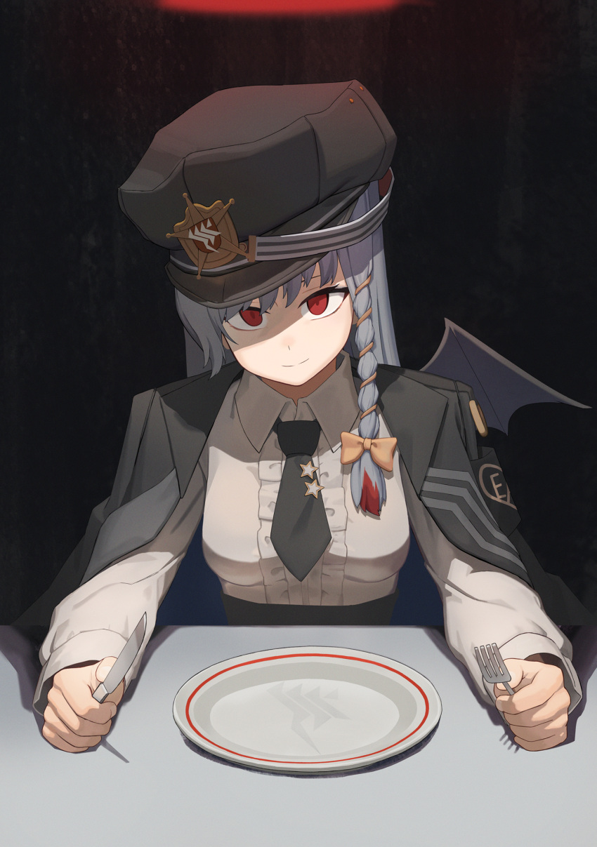 1girl, bangs, blue_archive, bow, braid, coat, coat_on_shoulders, collared_shirt, commentary_request, dual_wielding, fork, grey_hair, hair_between_eyes, hair_bow, hair_ribbon, halo, haruna_(blue_archive), hat, highres, holding, holding_fork, holding_knife, holding_utensil, kkami15, knife, long_hair, long_sleeves, looking_at_viewer, necktie, peaked_cap, plate, red_eyes, ribbon, school_uniform, shirt, sidelocks, simple_background, single_braid, solo, tablecloth