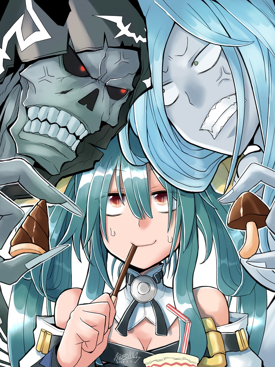 1boy, 2girls, anger_vein, blue_hair, breasts, detached_collar, detached_sleeves, dizzy_(guilty_gear)