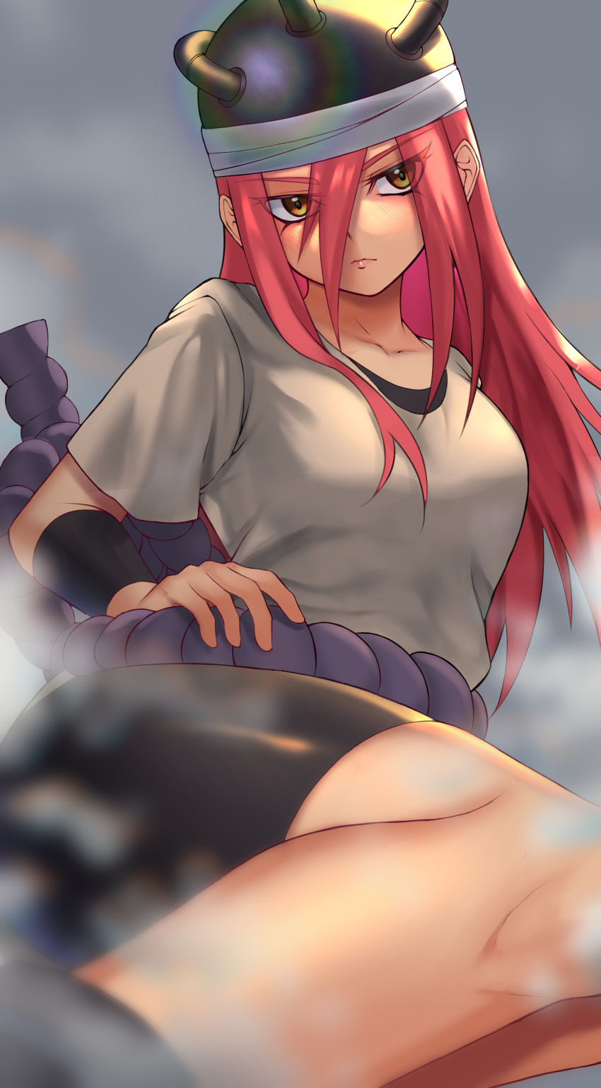 1girl, absurdres, bike_shorts, breasts, forehead_protector, highres, large_breasts, long_hair