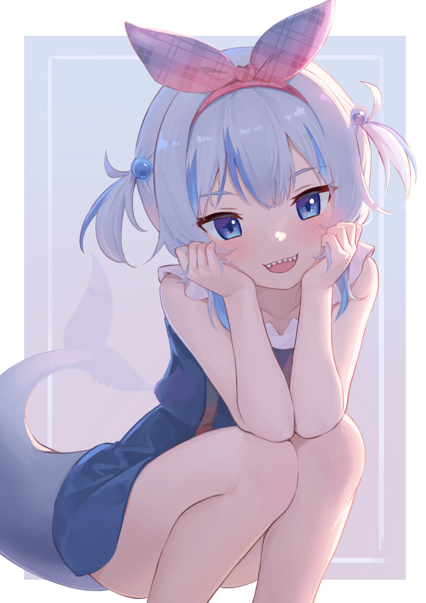1girl, blue_eyes, blue_hair, blush, bow, casual, fins, fish_tail