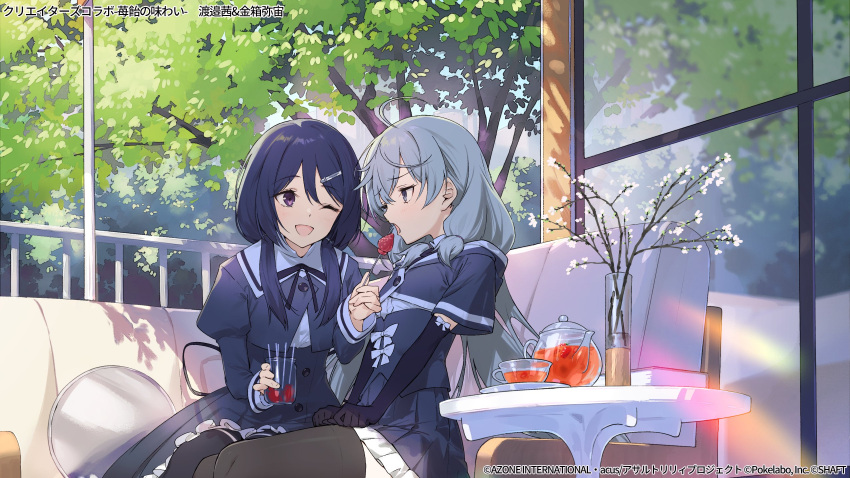 2girls, ;d, ahoge, assault_lily, bangs, black_gloves, black_hair, black_ribbon