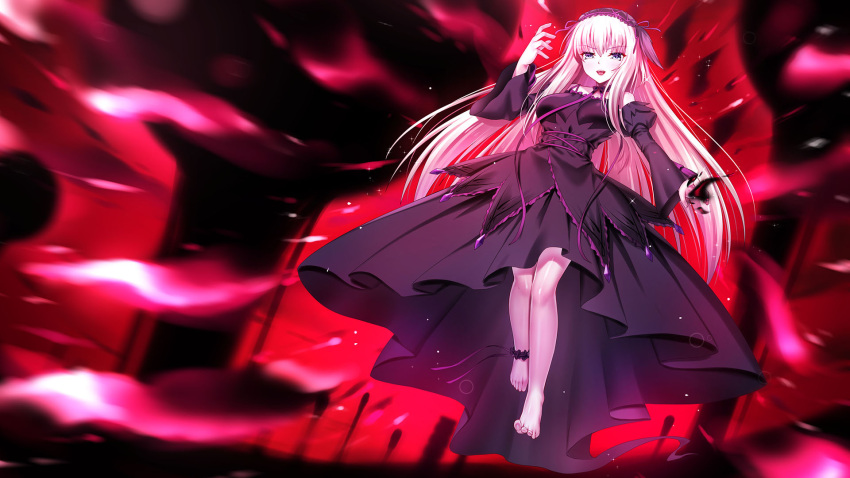 11eyes, 1girl, ankle_garter, black_headdress, bow, bowtie, dark_persona, dress, feet, foot_focus, frilled_hairband, frills, hairband, highres, iro_ame_(amewaagada), light_particles, lisette_vertorre, lolita_hairband, long_dress, looking_at_viewer, no_shoes, purple_bow, purple_bowtie, shiny_skin, soles, solo