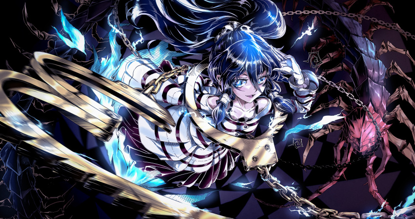 absurdres, bangs, black_dress, blue_eyes, blue_hair, bug, buttons, centipede