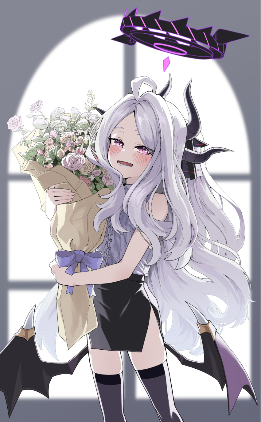 1girl, :d, ahoge, bangs, black_thighhighs, blue_archive, blurry, bouquet