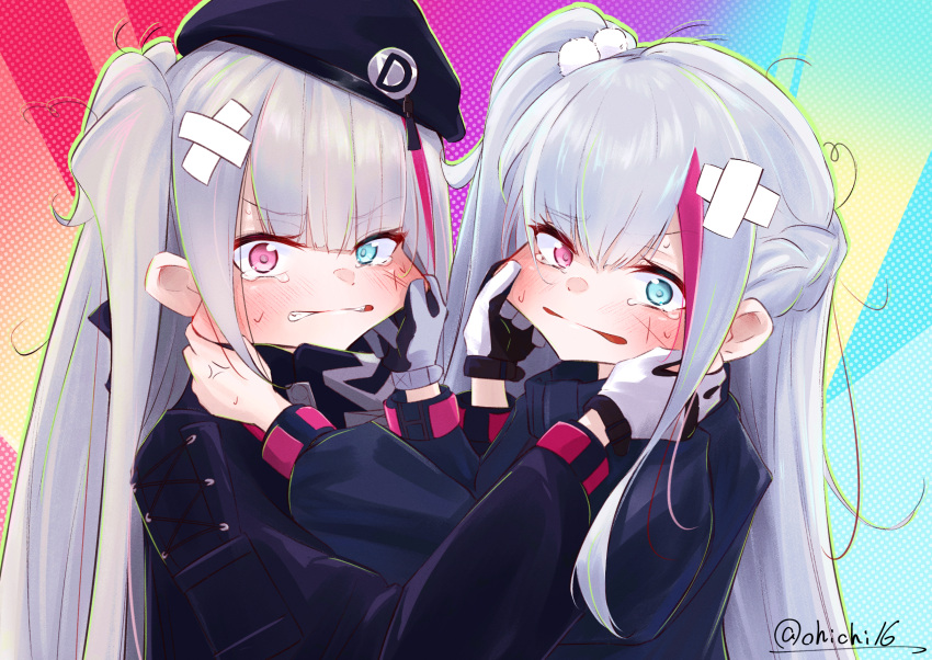 2girls, aqua_eyes, bandaid, bandaid_on_face, beret, black_gloves, black_headwear, black_jacket
