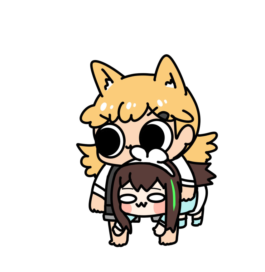 :3, abstract, afei_(sfma3248), animal_ears, black_eyes, blonde_hair, carrying, carrying_doll, carrying_under_arm, doll, flat_color, idw_(girls_frontline), mean_girls