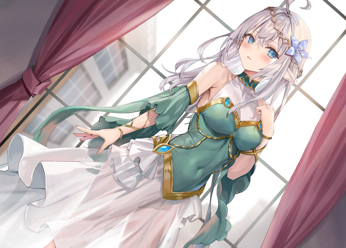 1girl, ahoge, alisa_mikhailovna_kujou, arm_up, bare_shoulders, blue_eyes, blush, breasts, curtains, detached_sleeves, fake_elf_ears, flower, hair_flower, hair_ornament, indoors, jewelry, large_breasts, long_hair, looking_at_viewer, momoko_(momopoco), navel, novel_illustration, official_art, open_mouth, pointy_ears, short_sleeves, skirt, solo, standing, tokidoki_bosotto_roshia-go_de_dereru_tonari_no_arya-san, white_hair, white_skirt, window