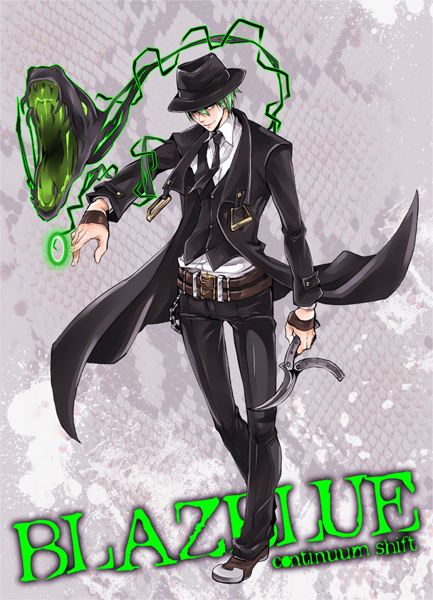 balisong, blazblue, butterfly_knife, coat, green_hair, hazama, knife, male, sumeragi_(sume), title_drop, weapon