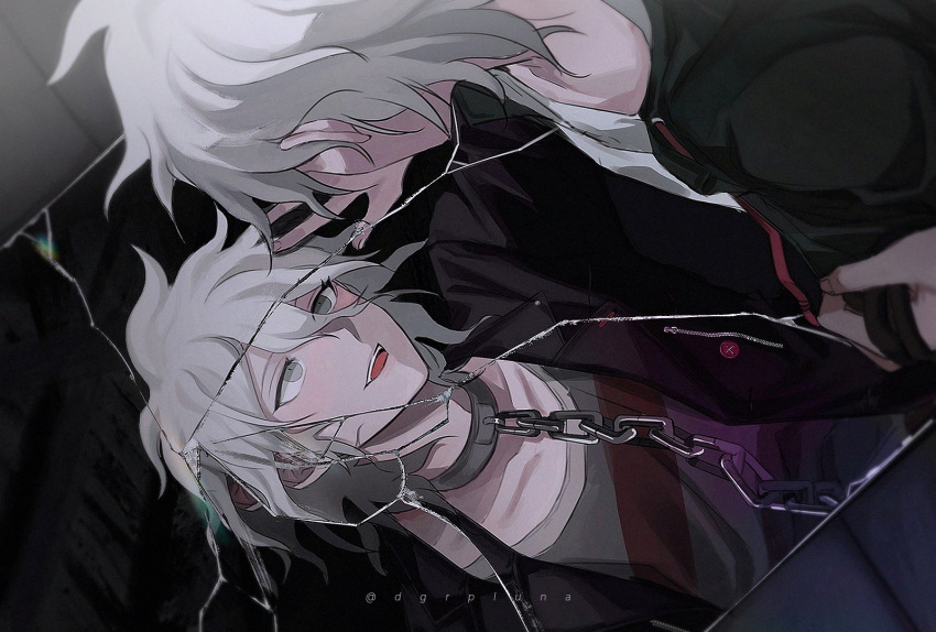 2boys, :d, artist_name, bangs, boleum_(dgrpluna), broken_mirror, chain, chained, collar, collarbone, danganronpa_(series), danganronpa_2:_goodbye_despair, danganronpa_another_episode:_ultra_despair_girls, different_reflection, dual_persona, grey_hair, grey_shirt, hair_between_eyes, highres, komaeda_nagito, male_focus, medium_hair, messy_hair, metal_collar, mirror, multiple_boys, red_shirt, reflection, shirt, smile, striped, striped_shirt, teeth, upper_teeth_only