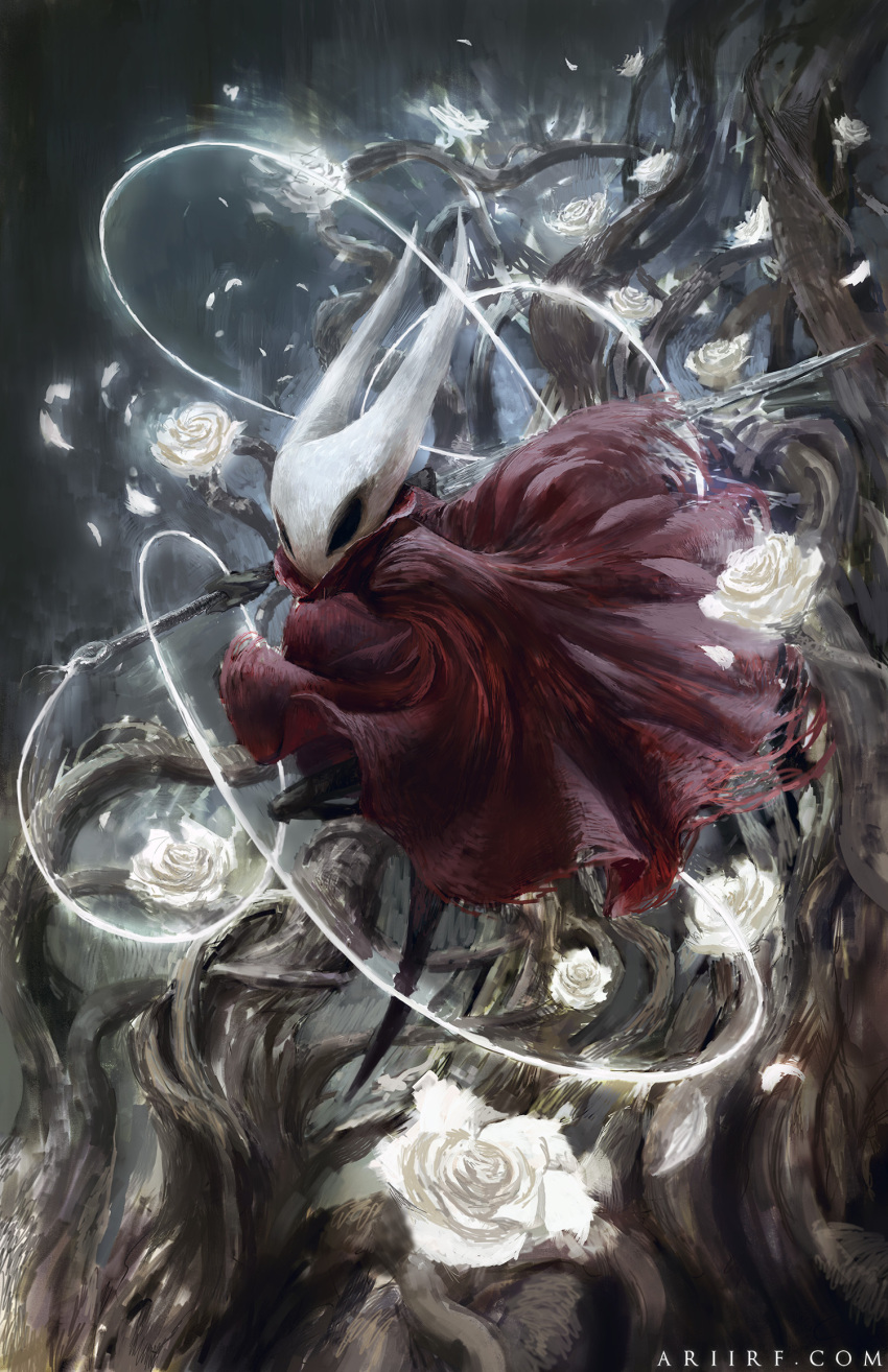 ari_ibarra, artist_name, bare_tree, cloak, fake_horns, fighting_stance, flower, helm, helmet, highres, hollow_eyes, hollow_knight, horned_helmet, hornet_(hollow_knight), horns, looking_at_viewer, needle_(hollow_knight), red_cloak, roots, string, tree