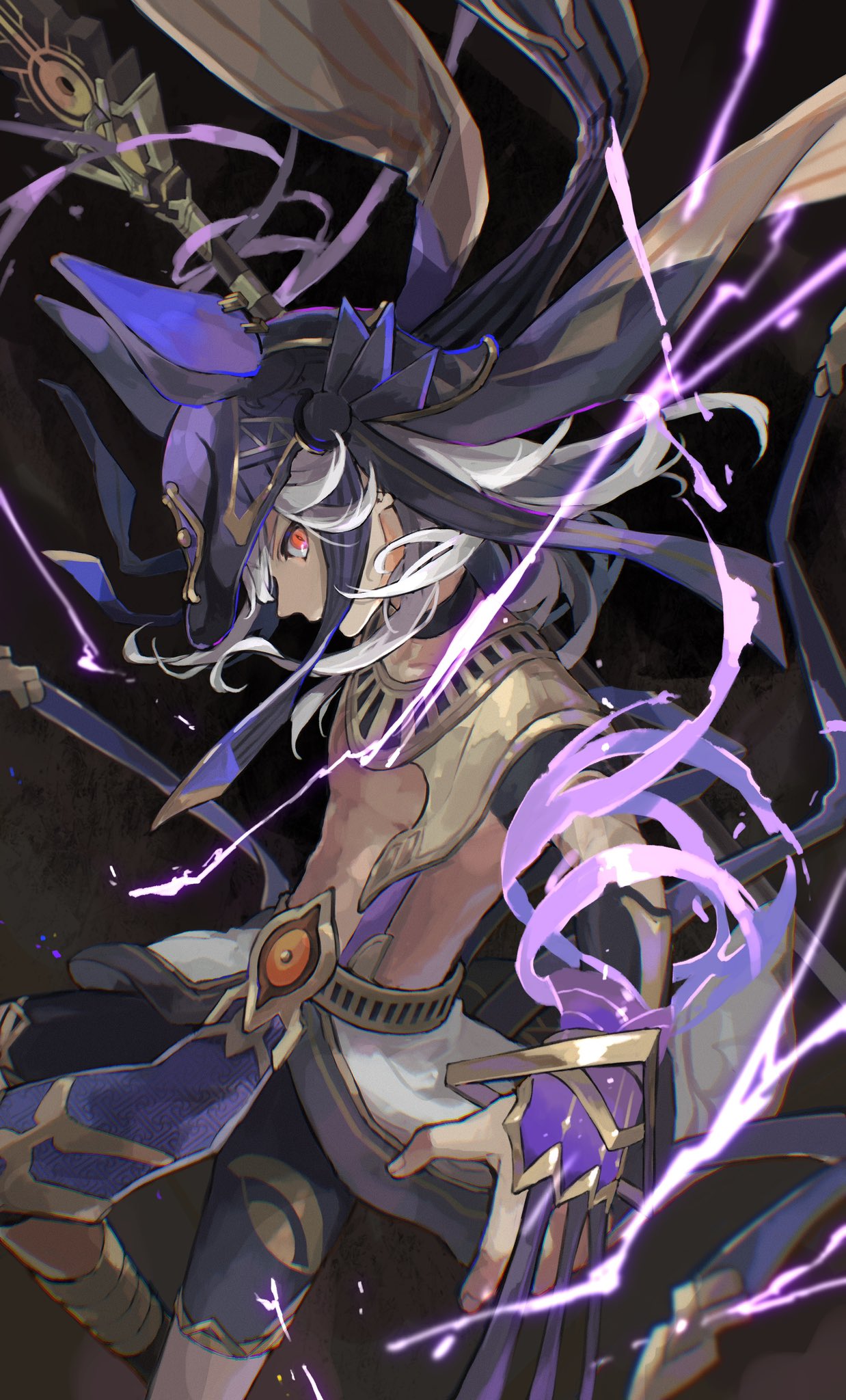 1boy, animal_ears, animal_hat, arabian_clothes, bangs, belt, black_background, black_choker