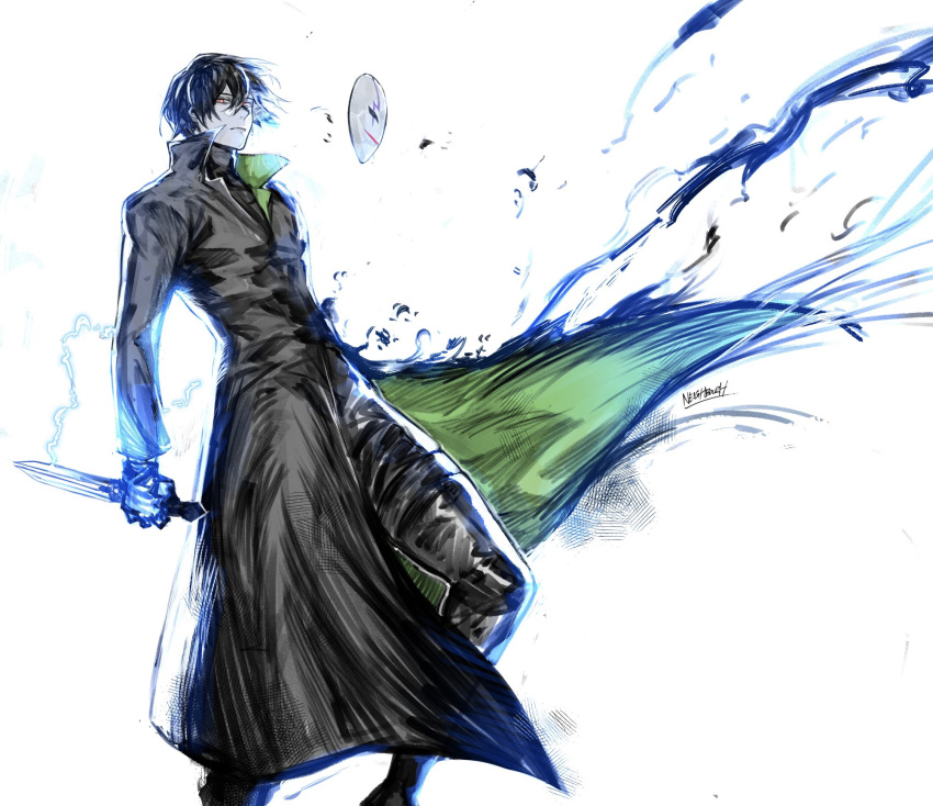 1boy, artist_name, bangs, black_hair, black_shirt, brown_coat, brown_jacket, brown_pants