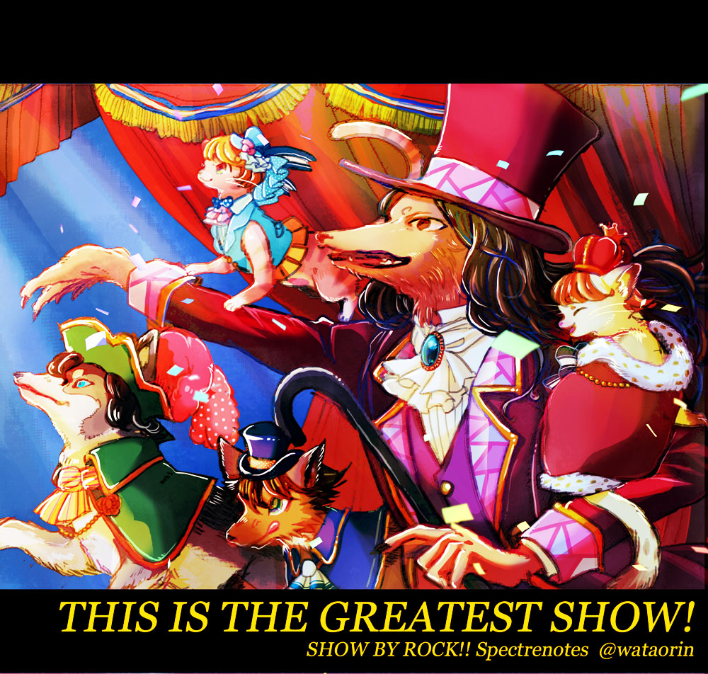 1girl, 4boys, animal, capelet, cat, crown, dog, facing_to_the_side