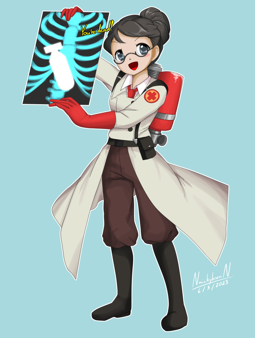 1girl, absurdres, artist_name, black_footwear, black_hair, blue_background, blue_eyes, bomb, brown_pants, commission, dated, english_text, explosive, genderswap, genderswap_(mtf), glasses, gloves, highres, holding, jacket, long_sleeves, medic_(tf2), necktie, nnickykunn, pants, red_gloves, red_necktie, solo, team_fortress_2, white_jacket, x-ray, zun_(style)