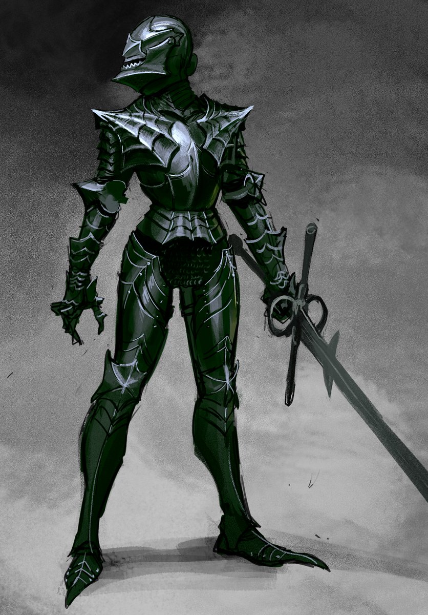 1girl, armor, covered_face, english_commentary, full_armor, full_body, grey_background, helmet, highres, holding, holding_sword, holding_weapon, looking_to_the_side, miura_kentarou_(style), original, shoulder_spikes, spikes, standing, sword, vile_domple, weapon