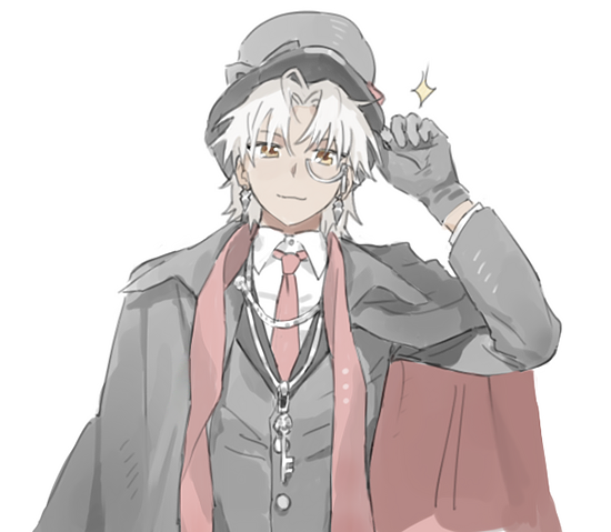 1boy, amakusa_shirou_(phantom_thief)_(fate), bangs, black_gloves, black_headwear, black_jacket, brown_eyes, dark-skinned_male, dark_skin, earrings, emolior_(1000mean), fate/grand_order, fate_(series), formal, gloves, hat, head_tilt, jacket, jewelry, long_sleeves, looking_at_viewer, male_focus, necktie, official_alternate_costume, parted_bangs, red_necktie, shirt, short_hair, smile, solo, spiky_hair, top_hat, upper_body, white_hair
