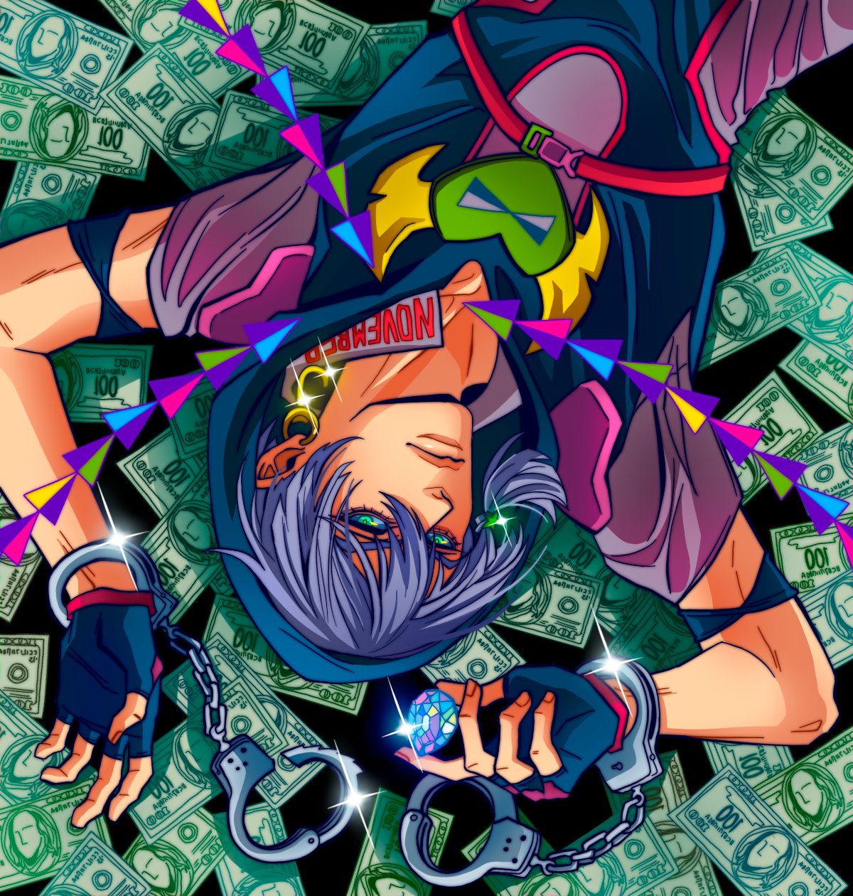 1boy, cuffs, handcuffs, highres, jodio_joestar, jojo_no_kimyou_na_bouken, money, mrg_dm, the_jojolands