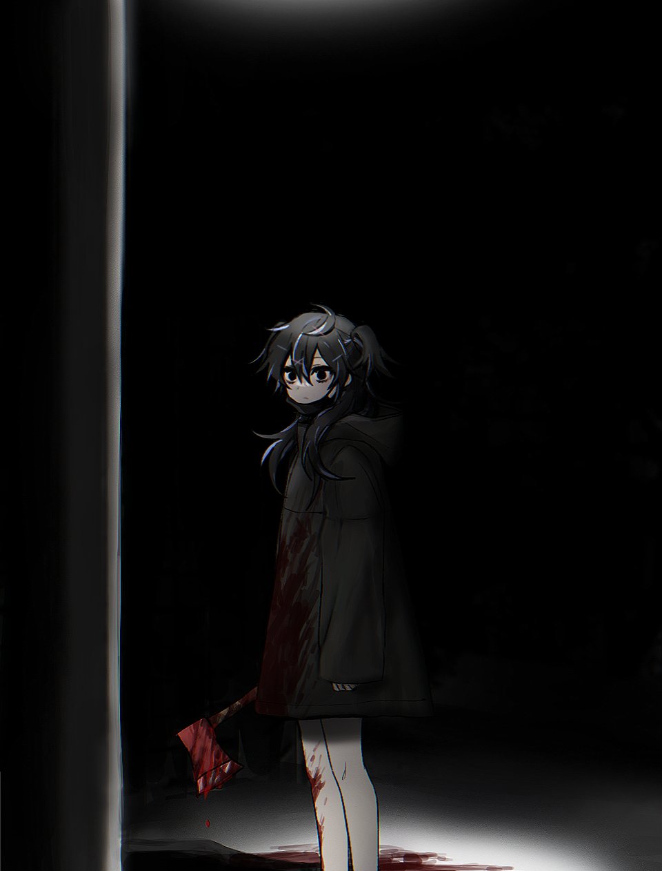 1girl, axe, binsusoda, black_background, black_coat, black_eyes, black_hair, blood