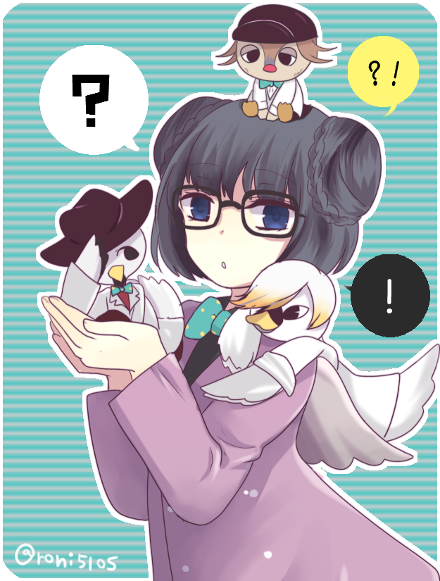 1boy, 3girls, :o, bird, black_hair, black_shirt, blue_eyes, bow, bowtie, coat, double_bun, duck, feathered_wings, glasses, hair_bun, long_sleeves, looking_at_viewer, multiple_girls, ochi_the_duck, purple_coat, roni, shimiswans_(show_by_rock!!), shirt, short_hair, show_by_rock!!, swan, taipeko_(show_by_rock!!), wings, yaginupan