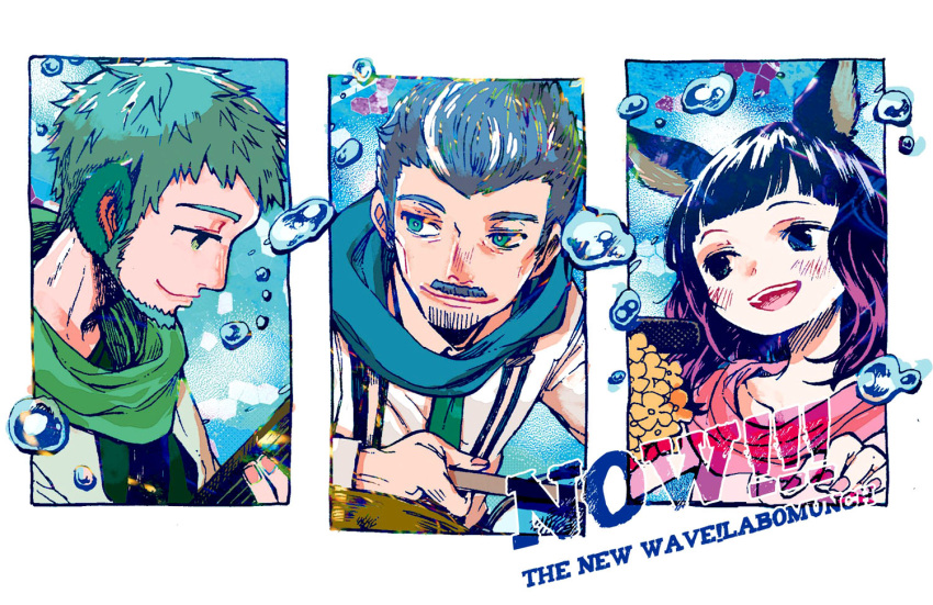 1girl, 2boys, band, black_hair, blue_eyes, blue_hair, closed_mouth, green_eyes