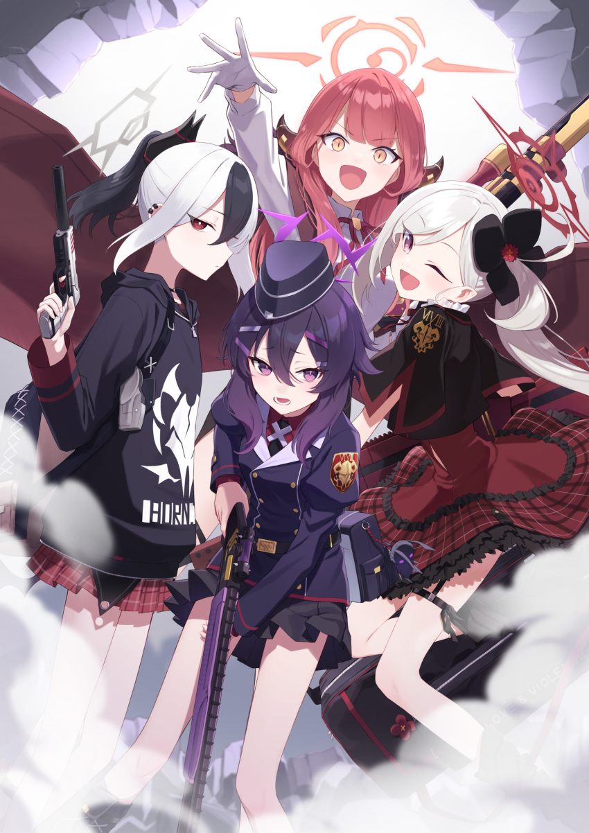 4girls, :d, ;d, arm_up, aru_(blue_archive), asymmetrical_hair, backpack, badge