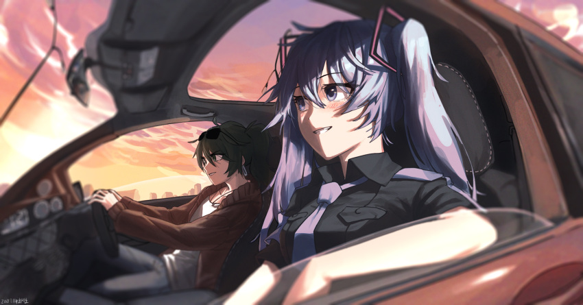 2girls, armrest, black_shirt, blue_eyes, blue_hair, blue_necktie, blue_pants, blush