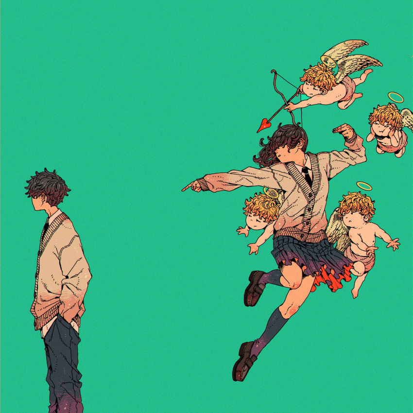 1girl, 5boys, aiming, angel_wings, black_hair, black_socks, blonde_hair, bow_(weapon)