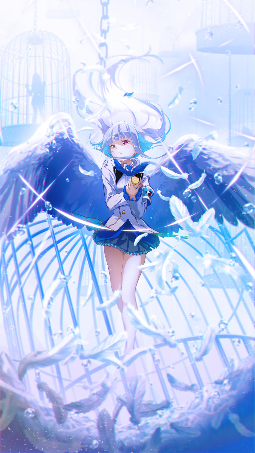 1girl, absurdres, angel_wings, backlighting, bare_legs, birdcage, blouse, blush, breasts, cage, chain, commentary_request, falling_feathers, floating_hair, floating_necktie, frown, full_body, highres, lens_flare, light_particles, light_rays, lize_helesta, long_hair, looking_at_viewer, mafupen, miniskirt, necktie, nijisanji, shirt, skirt, small_breasts, solo, violet_eyes, virtual_youtuber, water_drop, white_hair, white_shirt, white_wings, wings