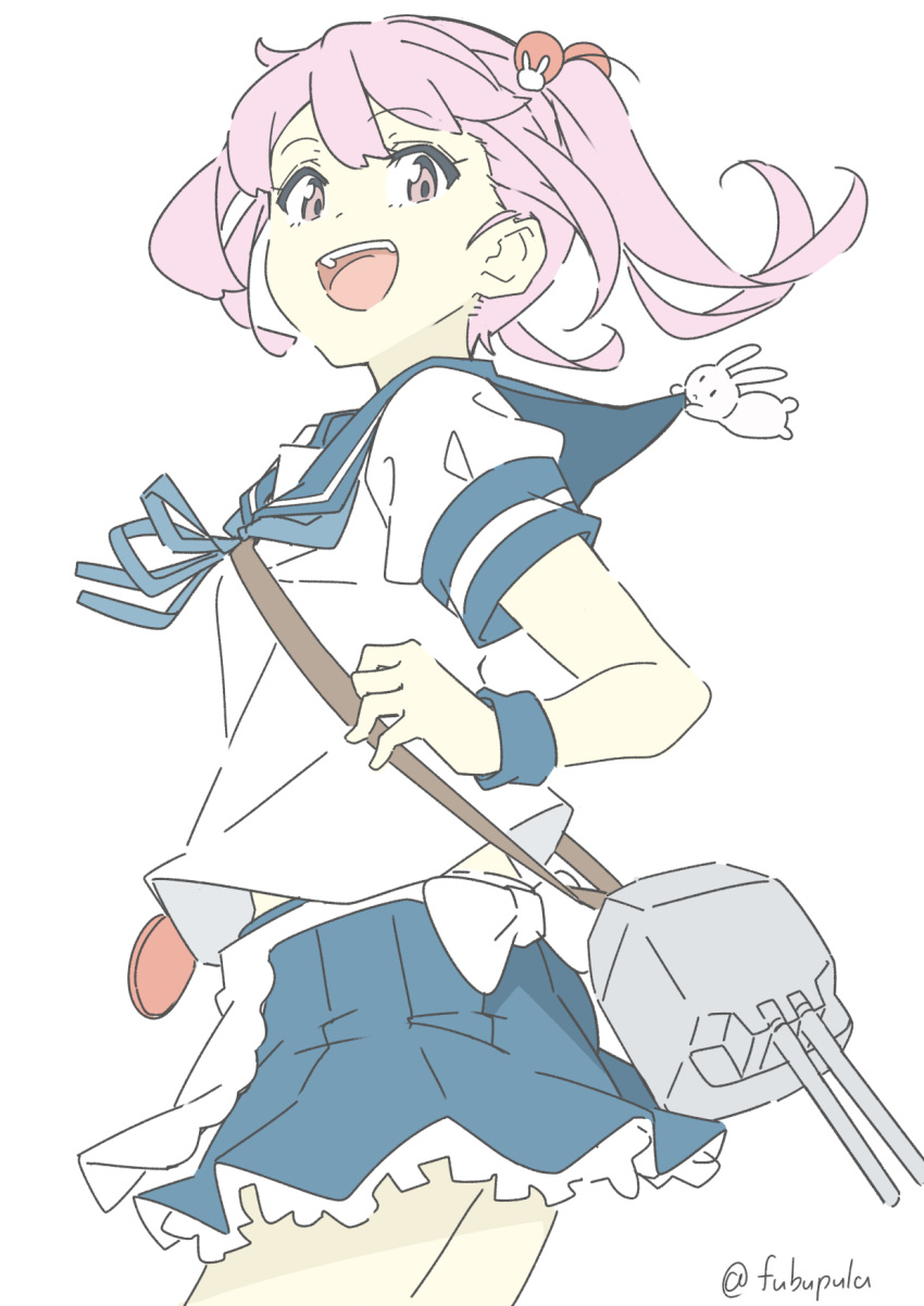 1girl, adapted_turret, apron, badge, blue_sailor_collar, blue_skirt, cannon, cowboy_shot