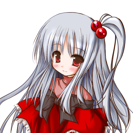 gorujitai, hair_bobbles, red_eyes, shinki, side_ponytail, silver_hair, touhou