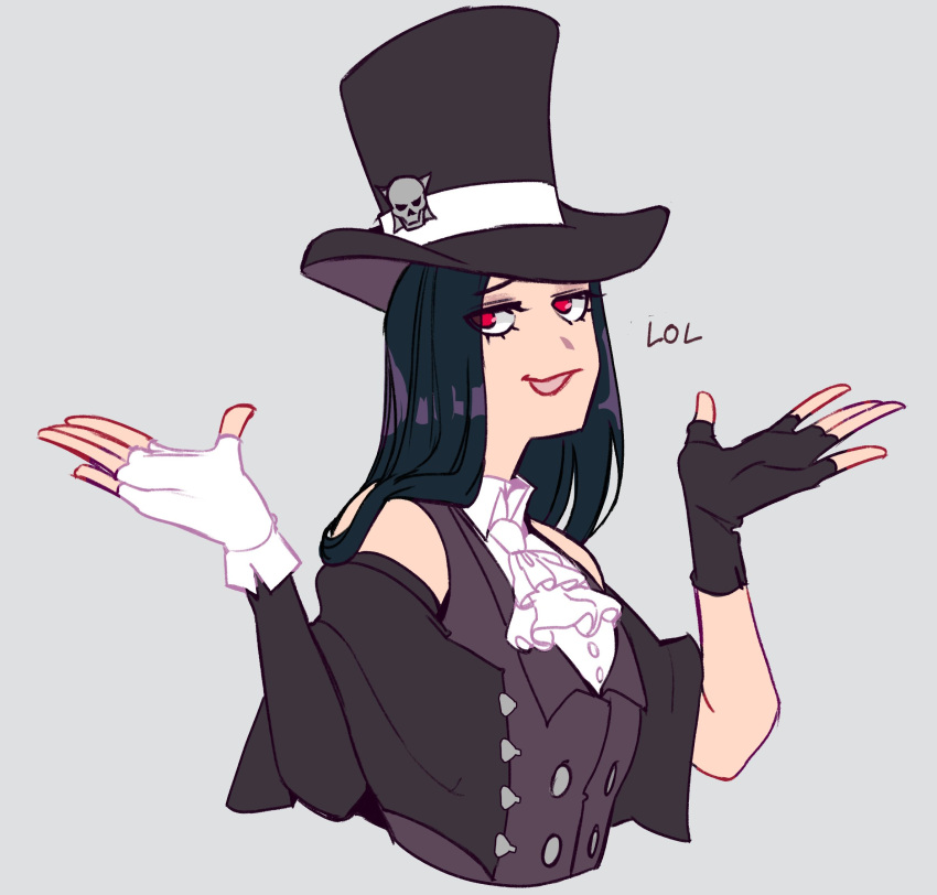 1other, androgynous, ascot, asymmetrical_gloves, bare_shoulders, black_gloves, black_hair, black_headwear