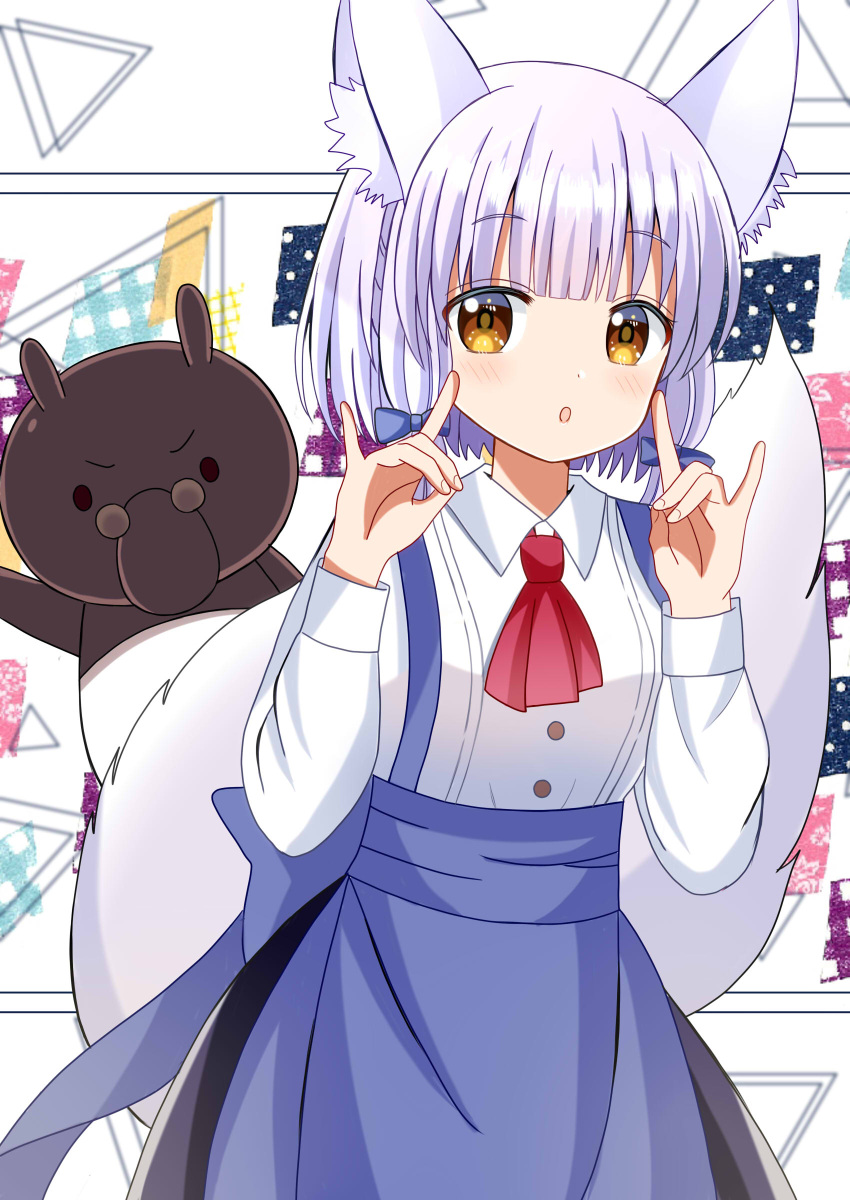 1boy, 1girl, absurdres, animal_ears, apron, ascot, blue_apron, brown_eyes