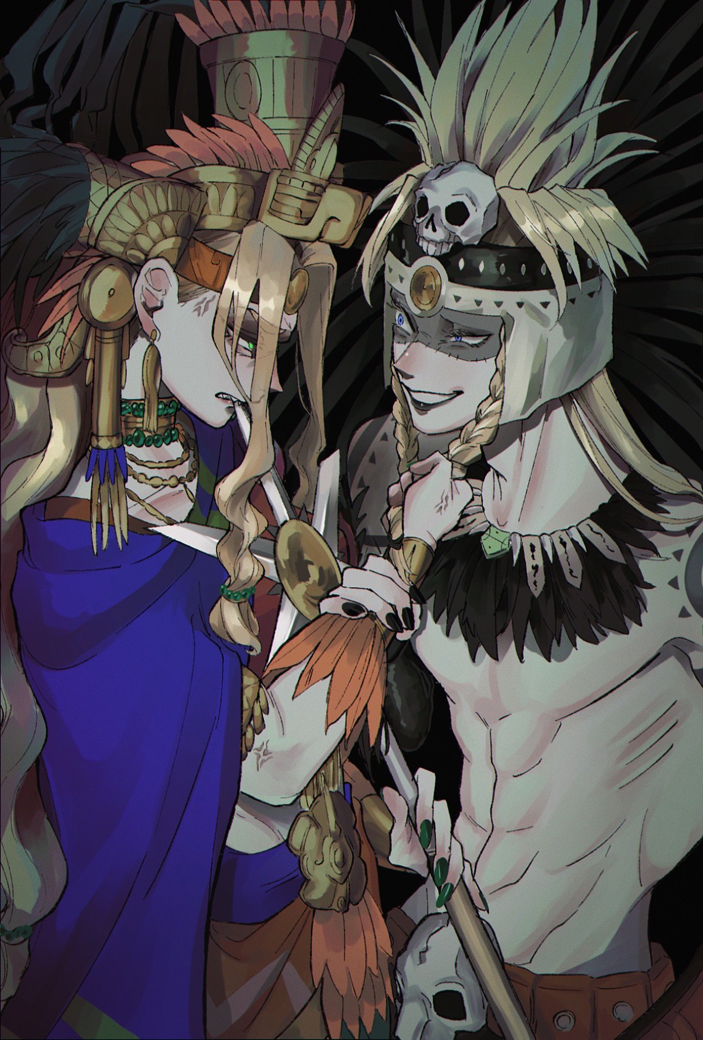 1boy, 1girl, abs, anger_vein, angry, aztec, black_lips, blonde_hair