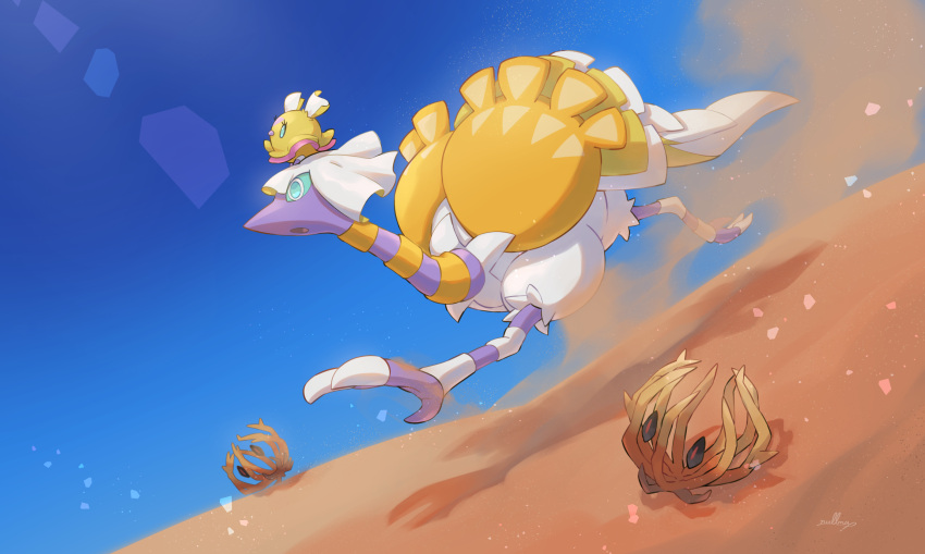 animal_focus, aqua_eyes, artist_name, beak, bird, blue_sky, bramblin, clear_sky, commentary_request, day, desert, espathra, evolutionary_line, flittle, full_body, highres, no_humans, nullma, outdoors, pokemon, pokemon_(creature), profile, running, sand, signature, sky, talons, tumbleweed