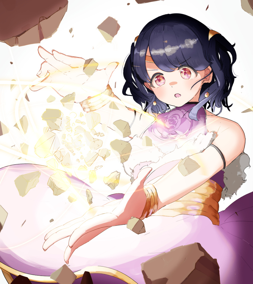 1girl, bangle, black_hair, bracelet, casting_spell, circlet, commentary_request, dress