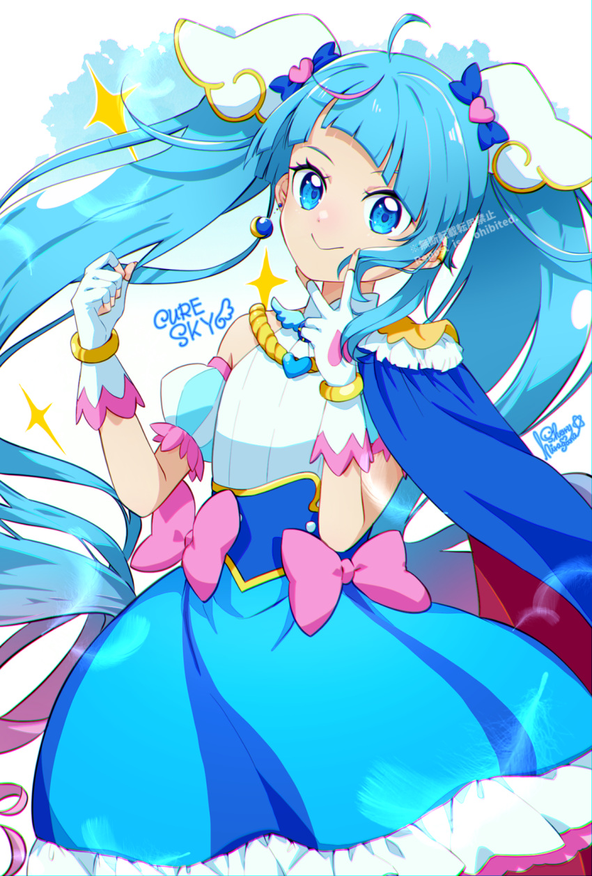 ahoge, blue_eyes, blue_hair, bow, brooch, cape, cure_sky, cut_bangs