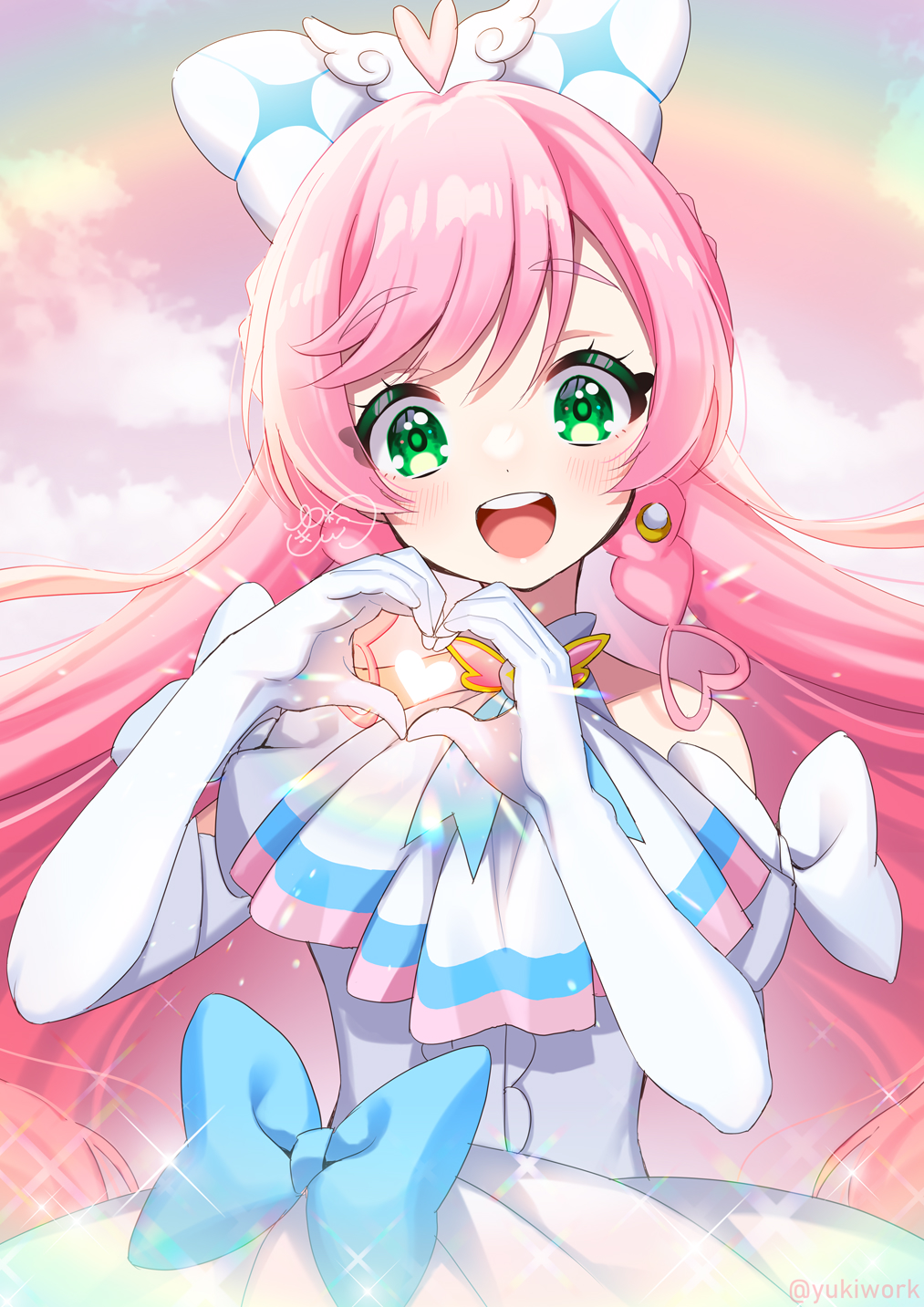 ahoge, ascot, bangs, braided_sidelock, commentary, cure_prism, earrings, elbow_gloves