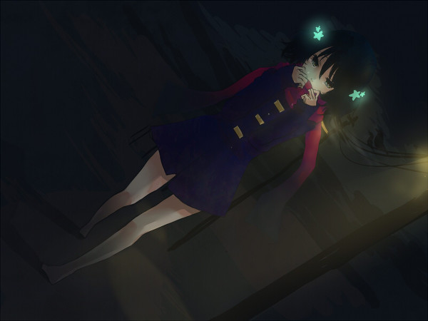 barefoot, bird, black_hair, chacota, coat, dutch_angle, hair_ornament, kaai_yuki